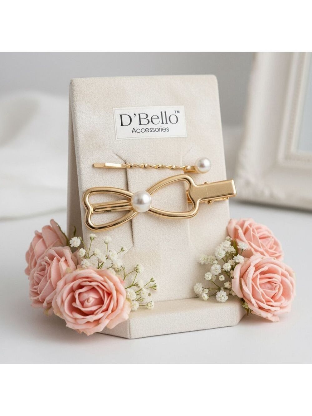 Gold Bow Hair Clip Set Pearl Bobby Pin D’Bello Accessories NWT